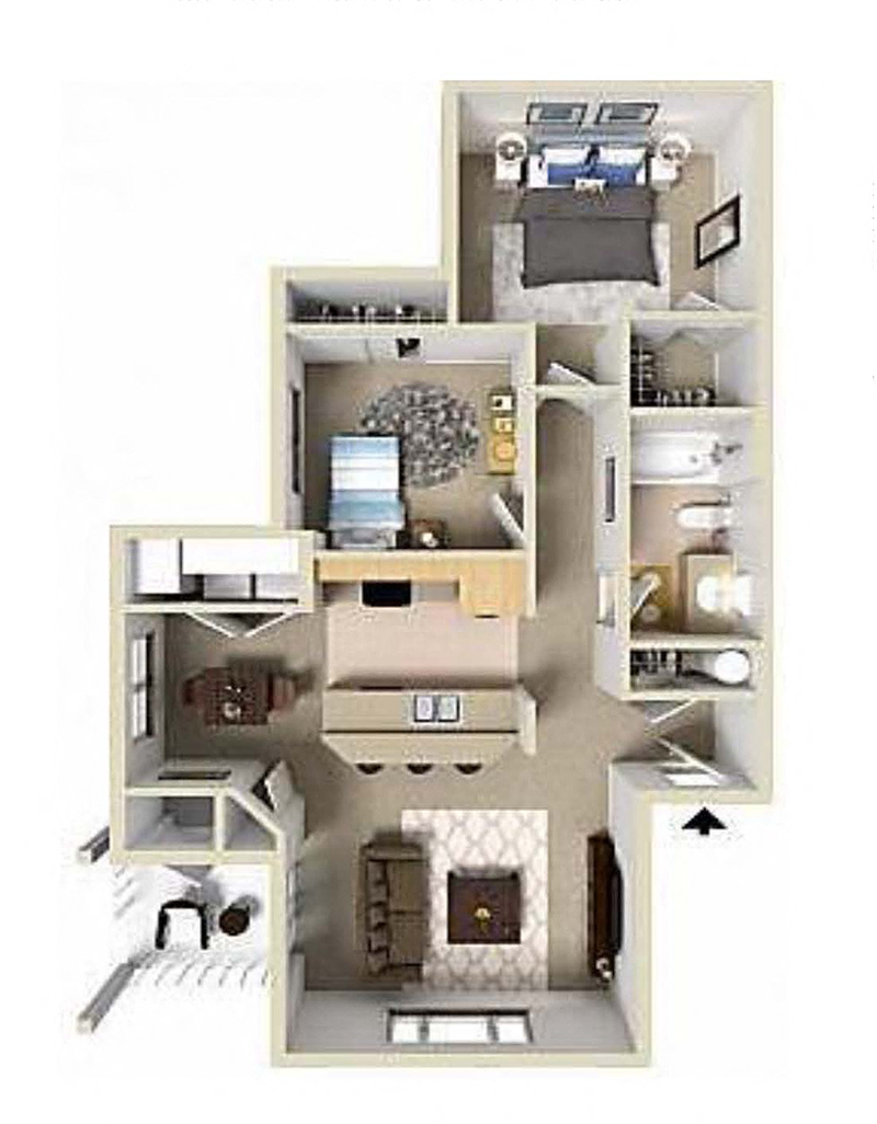 Floor plan for 2 beds, 1 bath, 949 sqft